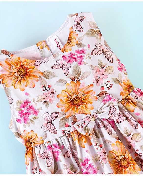 Babyhug 100% Cotton Woven Sleeveless Floral Print Fit & Flare Frock with Bow Applique - White