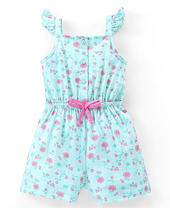 Babyhug 100% Cotton Knit Sleeveless Jumpsuit Floral Print - Mint Blue