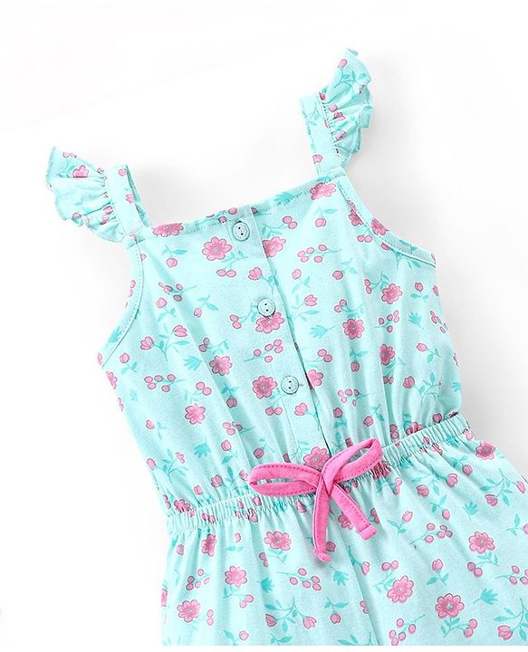 Babyhug 100% Cotton Knit Sleeveless Jumpsuit Floral Print - Mint Blue
