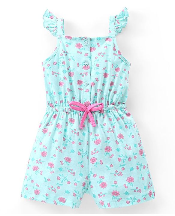 Babyhug 100% Cotton Knit Sleeveless Jumpsuit Floral Print - Mint Blue