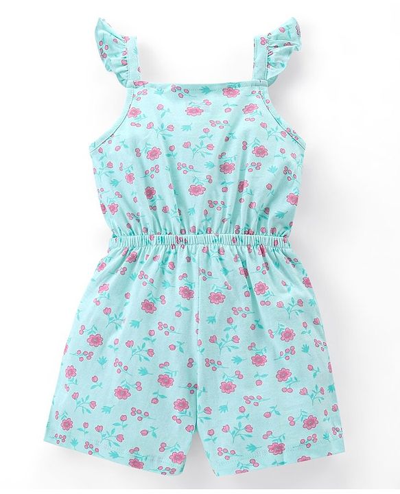 Babyhug 100% Cotton Knit Sleeveless Jumpsuit Floral Print - Mint Blue