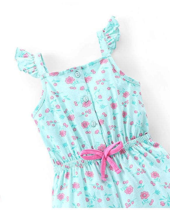 Babyhug 100% Cotton Knit Sleeveless Jumpsuit Floral Print - Mint Blue