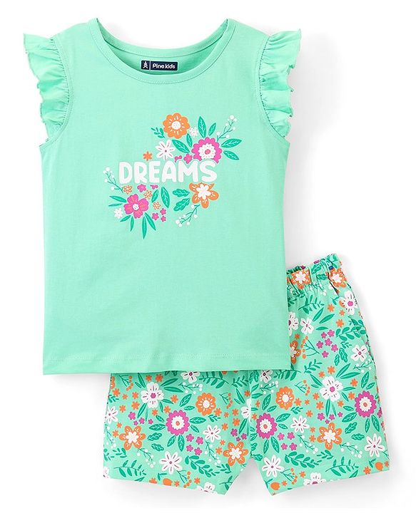 Pine Kids 100% Cotton Half Sleeves Top & Shorts Set Floral Print - Green