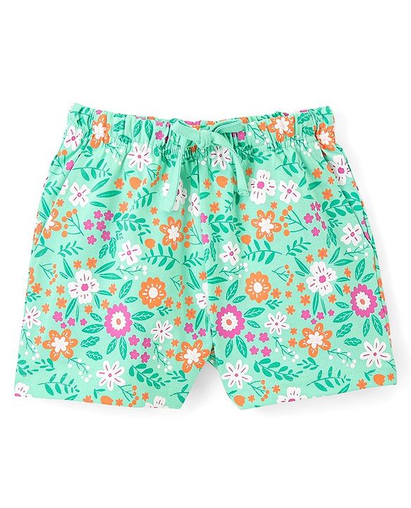Pine Kids 100% Cotton Half Sleeves Top & Shorts Set Floral Print - Green