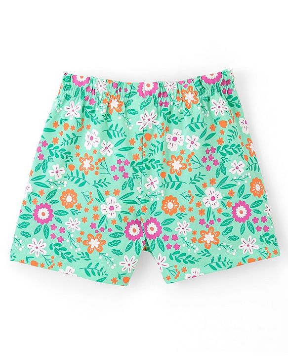 Pine Kids 100% Cotton Half Sleeves Top & Shorts Set Floral Print - Green