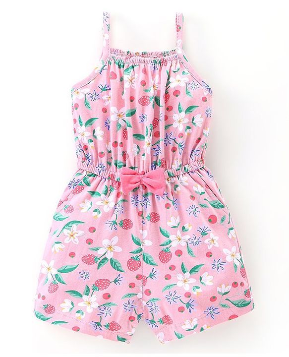 Babyhug 100% Cotton Knitted Singlet Sleeves Jumpsuit Floral Print- Pink
