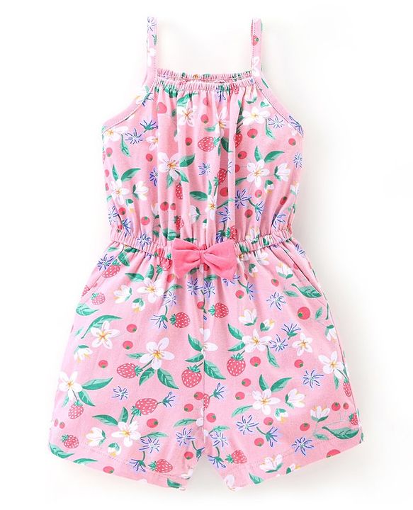 Babyhug 100% Cotton Knitted Singlet Sleeves Jumpsuit Floral Print- Pink