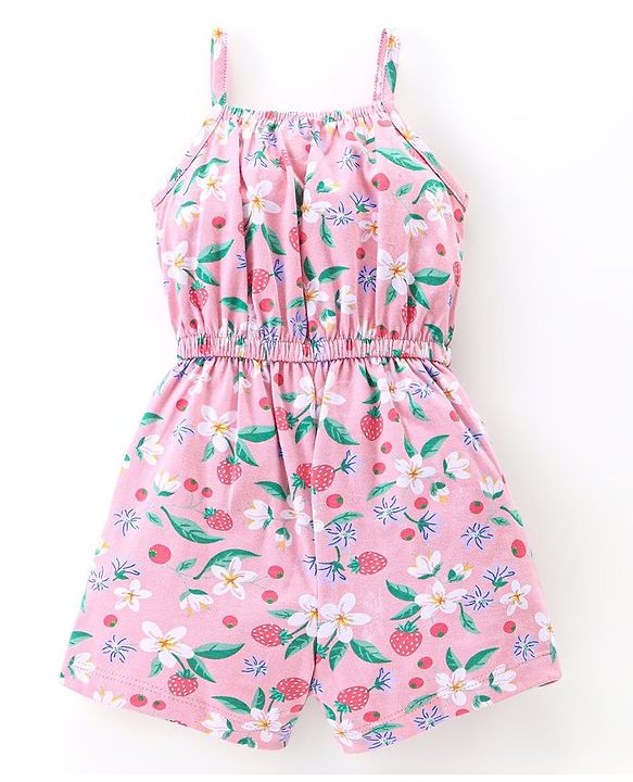 Babyhug 100% Cotton Knitted Singlet Sleeves Jumpsuit Floral Print- Pink