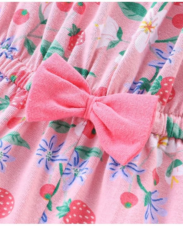 Babyhug 100% Cotton Knitted Singlet Sleeves Jumpsuit Floral Print- Pink