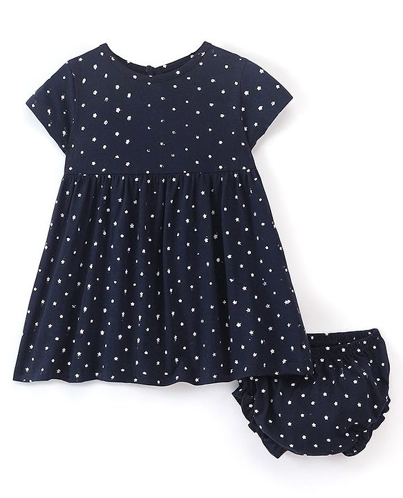 Babyhug 100% Cotton Half Sleeves Frock With Boomer Floral Print- Navy Blue