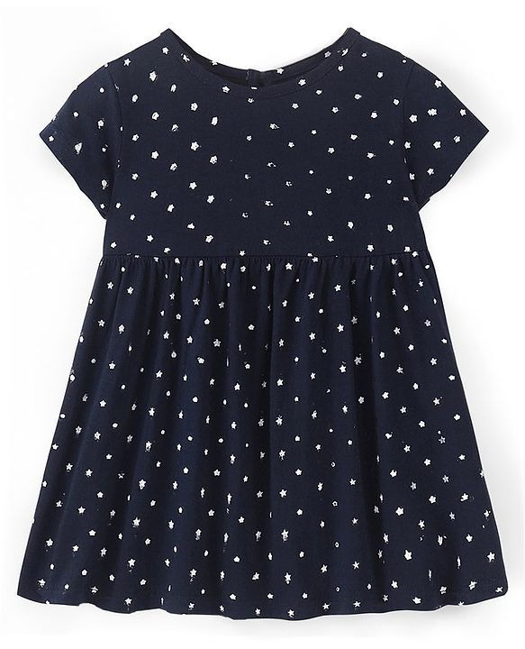 Babyhug 100% Cotton Half Sleeves Frock With Boomer Floral Print- Navy Blue