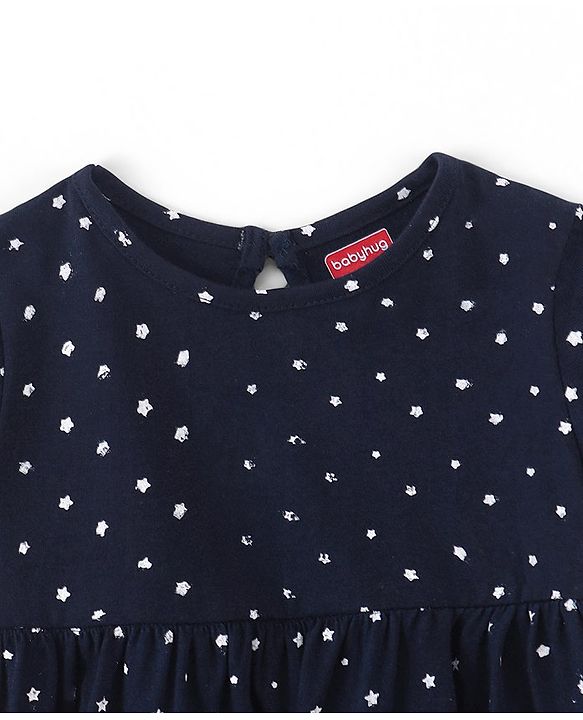 Babyhug 100% Cotton Half Sleeves Frock With Boomer Floral Print- Navy Blue