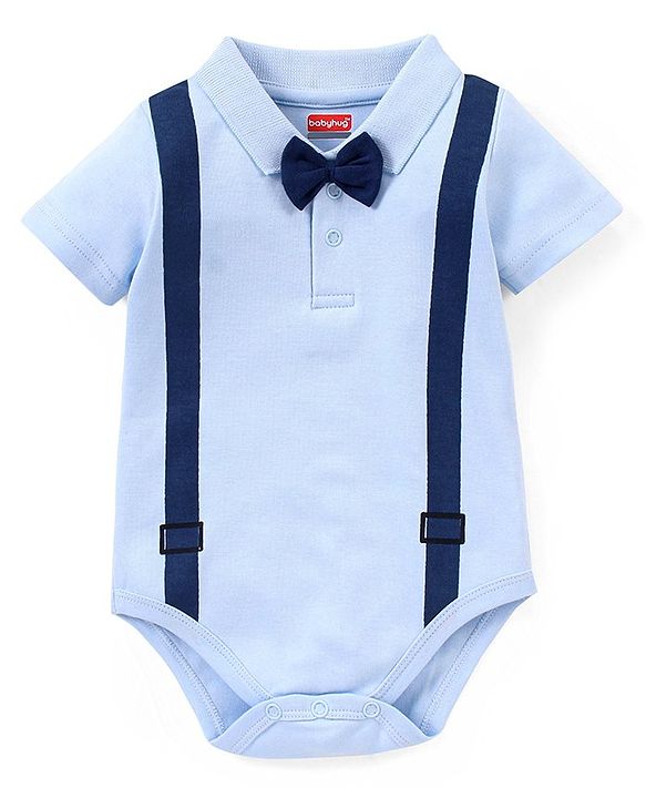 Babyhug 100% Cotton Half Sleeves Onesies with Shorts & Bow Tie - Navy Blue
