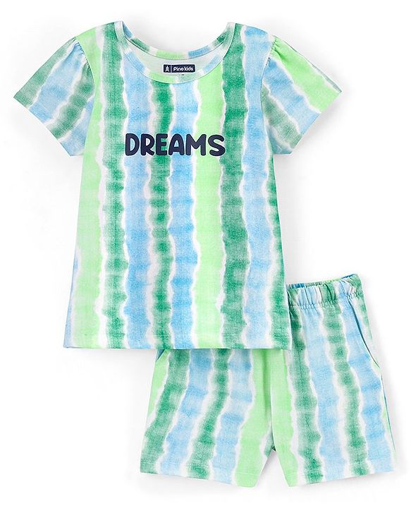 Pine Kids 100% Cotton Half Sleeves Nightwear Shorts Set Dreams Print - Green White & Blue