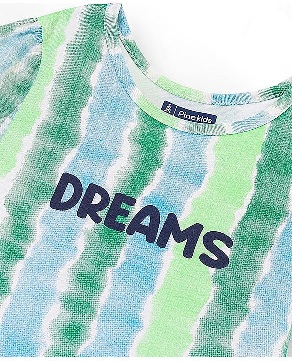 Pine Kids 100% Cotton Half Sleeves Nightwear Shorts Set Dreams Print - Green White & Blue
