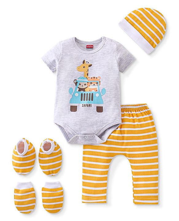 Babyhug 100% Cotton Knit Half Sleeves Onesie with Diaper Pants Cap Mittens & Booties Giraffe Print - Grey & Yellow
