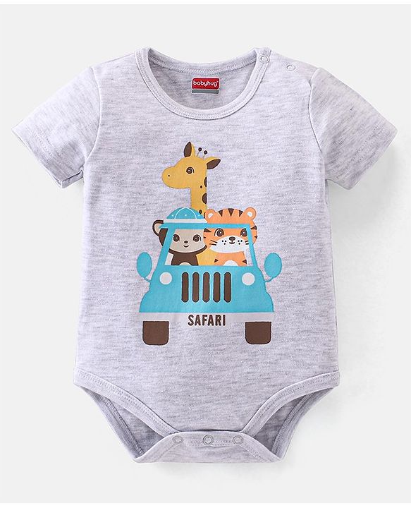 Babyhug 100% Cotton Knit Half Sleeves Onesie with Diaper Pants Cap Mittens & Booties Giraffe Print - Grey & Yellow