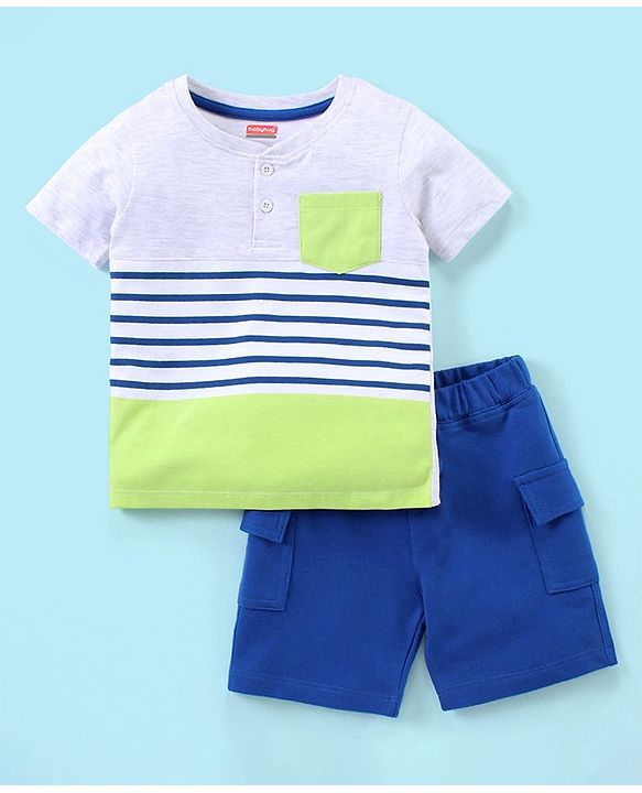 Babyhug Cotton Half Sleeves T-Shirt and Knee Length Shorts Striped - Blue