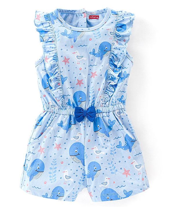 Babyhug 100% Cotton Knit Sleeveless Jumpsuit with Bow Applique & Whale Print - Blue