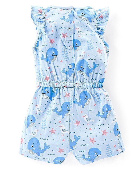 Babyhug 100% Cotton Knit Sleeveless Jumpsuit with Bow Applique & Whale Print - Blue