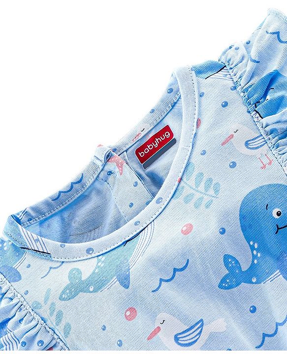 Babyhug 100% Cotton Knit Sleeveless Jumpsuit with Bow Applique & Whale Print - Blue