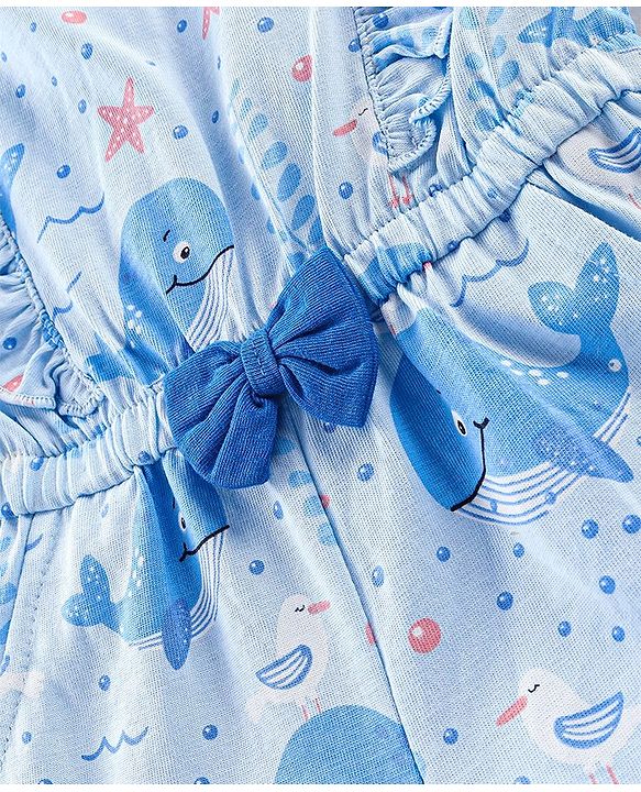 Babyhug 100% Cotton Knit Sleeveless Jumpsuit with Bow Applique & Whale Print - Blue