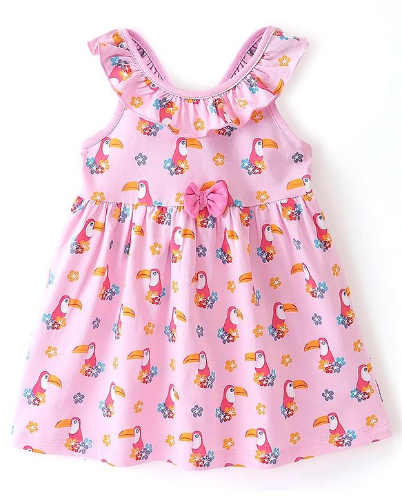 Babyhug 100% Cotton Knit Sleeveless Frock With Toucan Print & Bow Applique - Pink