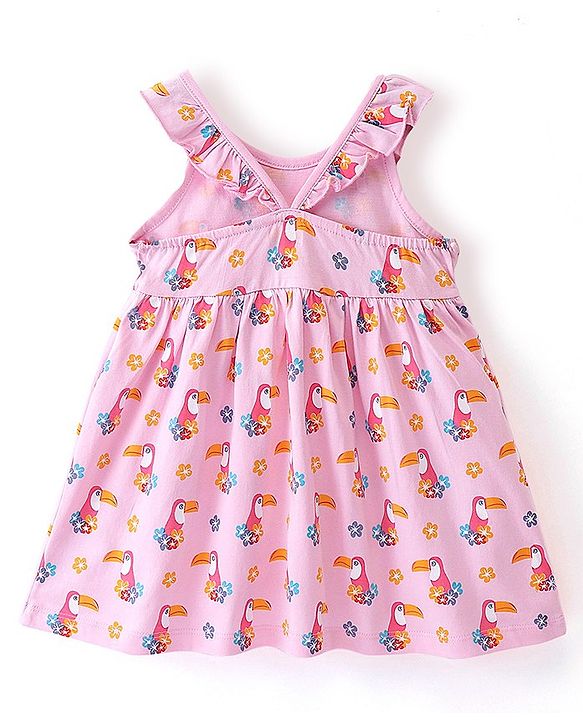 Babyhug 100% Cotton Knit Sleeveless Frock With Toucan Print & Bow Applique - Pink