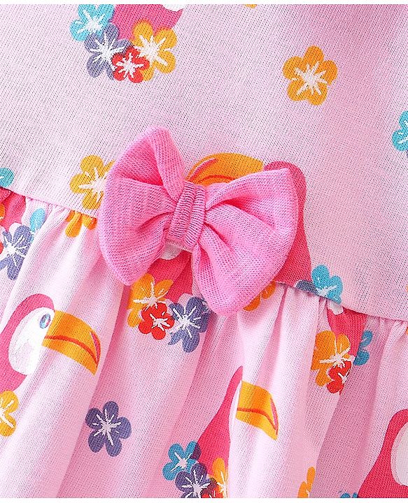 Babyhug 100% Cotton Knit Sleeveless Frock With Toucan Print & Bow Applique - Pink