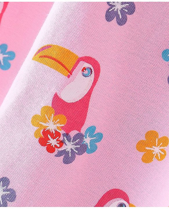 Babyhug 100% Cotton Knit Sleeveless Frock With Toucan Print & Bow Applique - Pink