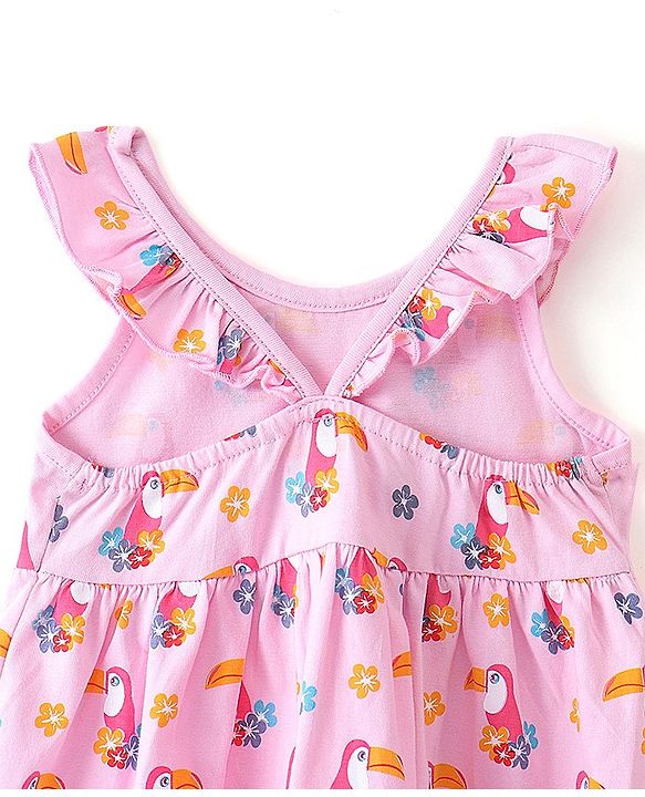 Babyhug 100% Cotton Knit Sleeveless Frock With Toucan Print & Bow Applique - Pink