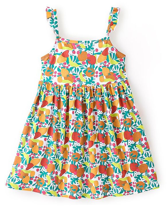 Babyhug 100% Cotton Knit Sleeveless Frock With Bow Applique Floral Print- Pink & Green