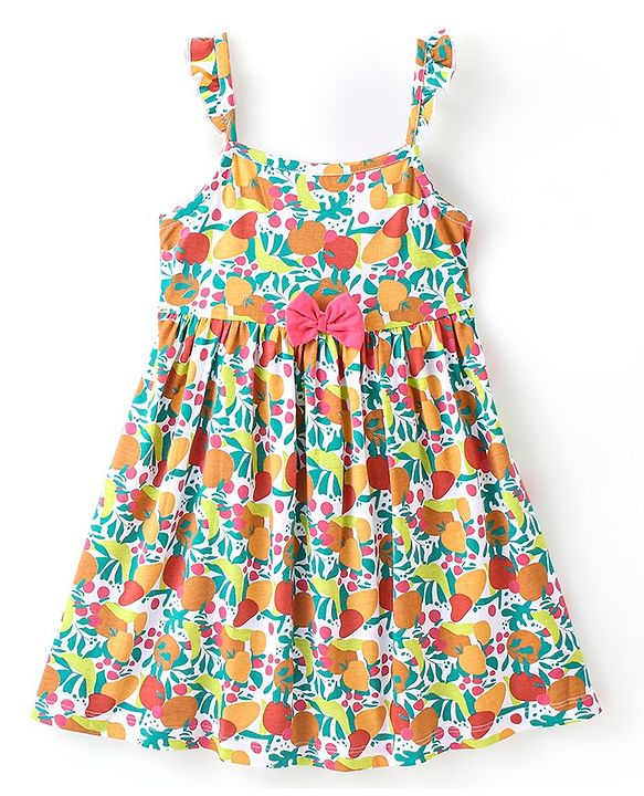 Babyhug 100% Cotton Knit Sleeveless Frock With Bow Applique Floral Print- Pink & Green