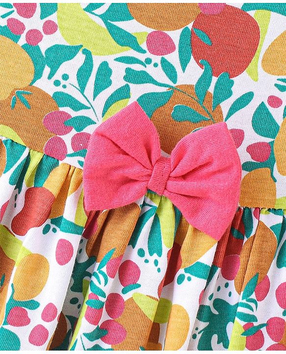 Babyhug 100% Cotton Knit Sleeveless Frock With Bow Applique Floral Print- Pink & Green