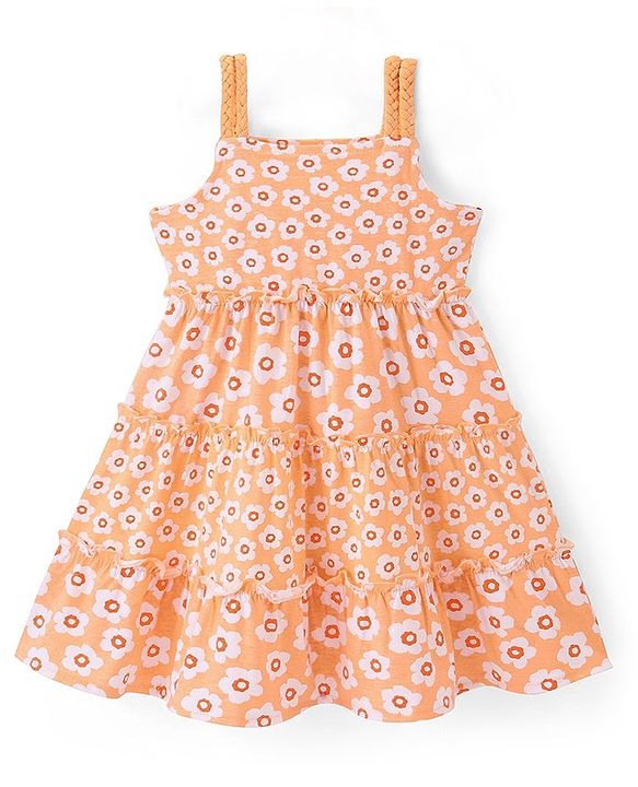 Babyhug 100% Cotton Knit Half Sleeves Frock With Floral Print - Orange