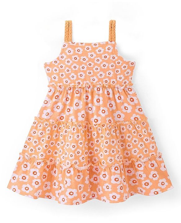 Babyhug 100% Cotton Knit Half Sleeves Frock With Floral Print - Orange