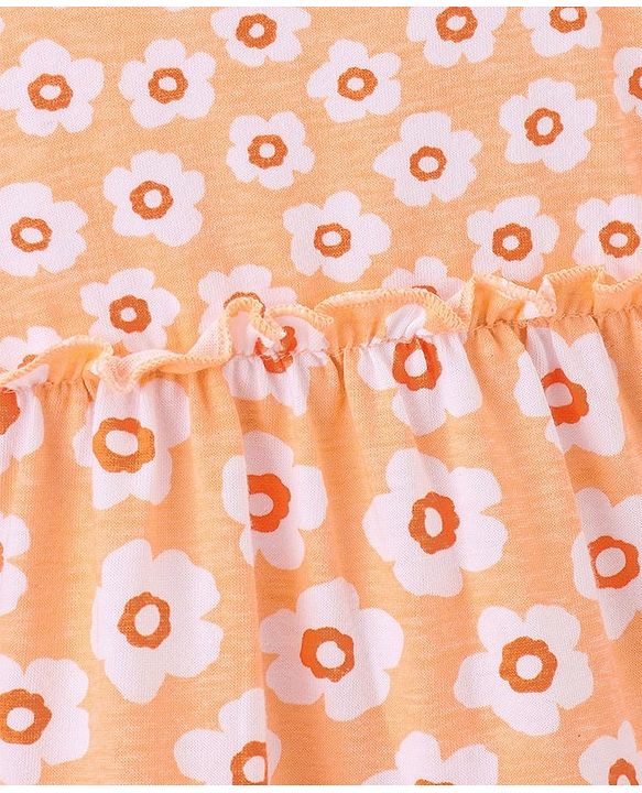 Babyhug 100% Cotton Knit Half Sleeves Frock With Floral Print - Orange