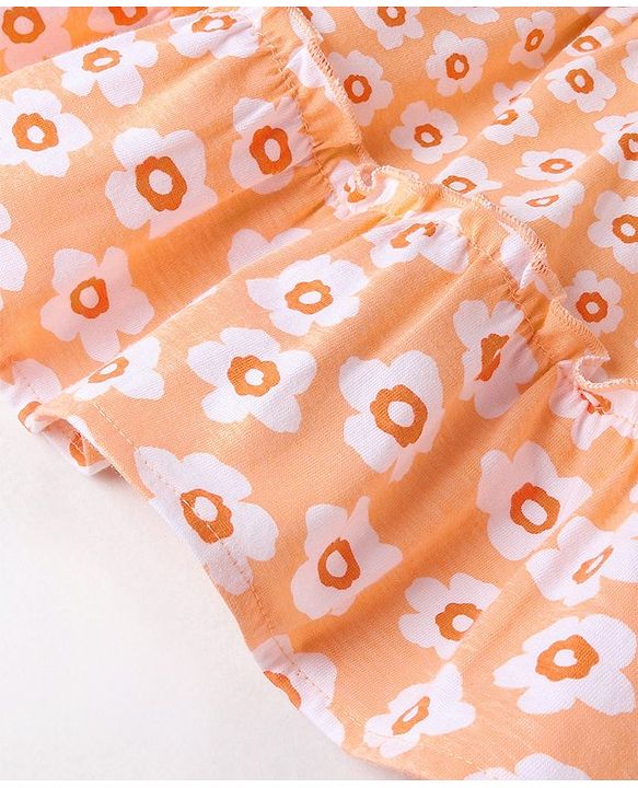 Babyhug 100% Cotton Knit Half Sleeves Frock With Floral Print - Orange