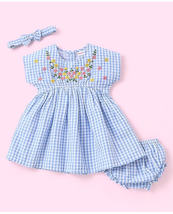 Babyhug 100% Cotton Seer Sucker Woven Embroidered Short Sleeves Frock With Bloomer Checked- Blue