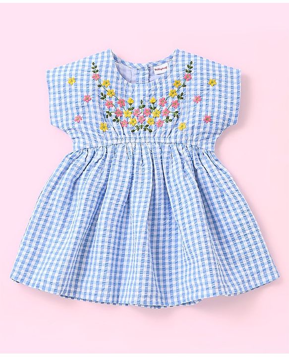 Babyhug 100% Cotton Seer Sucker Woven Embroidered Short Sleeves Frock With Bloomer Checked- Blue