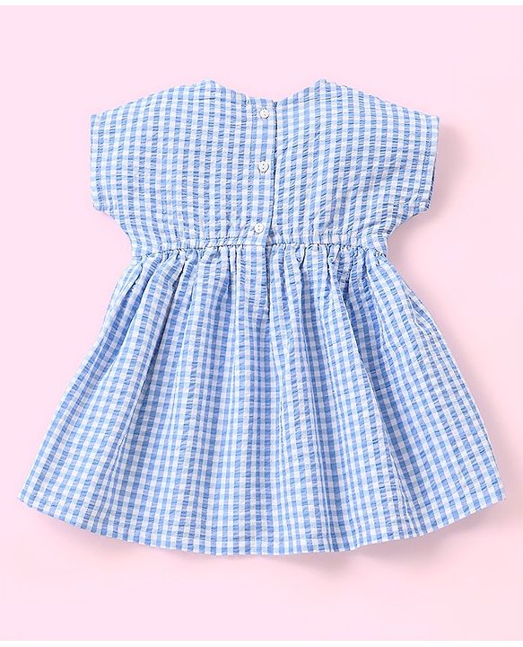 Babyhug 100% Cotton Seer Sucker Woven Embroidered Short Sleeves Frock With Bloomer Checked- Blue