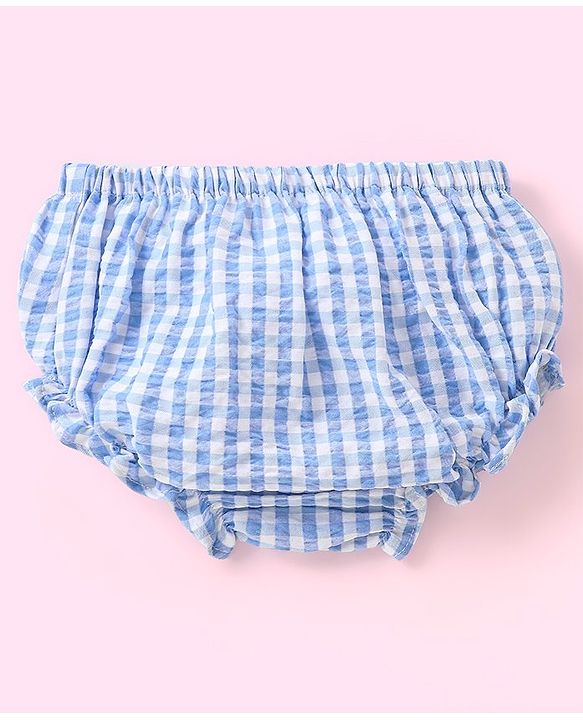 Babyhug 100% Cotton Seer Sucker Woven Embroidered Short Sleeves Frock With Bloomer Checked- Blue