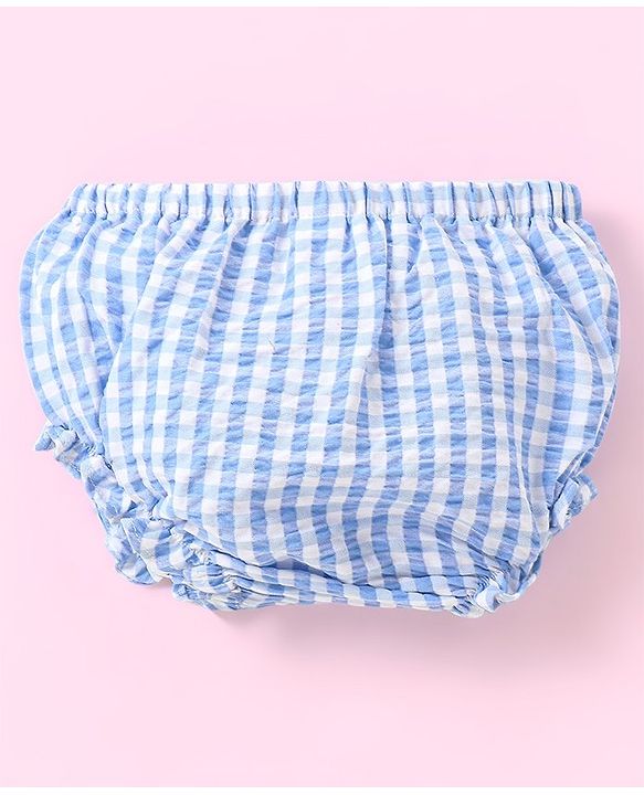 Babyhug 100% Cotton Seer Sucker Woven Embroidered Short Sleeves Frock With Bloomer Checked- Blue