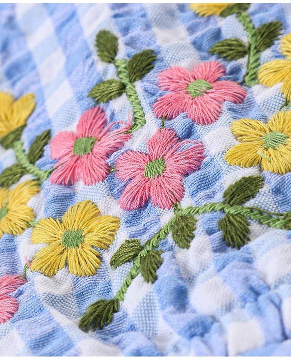Babyhug 100% Cotton Seer Sucker Woven Embroidered Short Sleeves Frock With Bloomer Checked- Blue