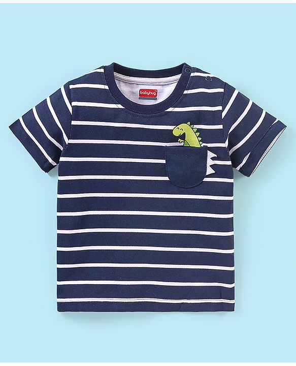 Babyhug 100% Cotton Half sleeves T-Shirt and Shorts Set Striped & Dino Printed - Blue & White