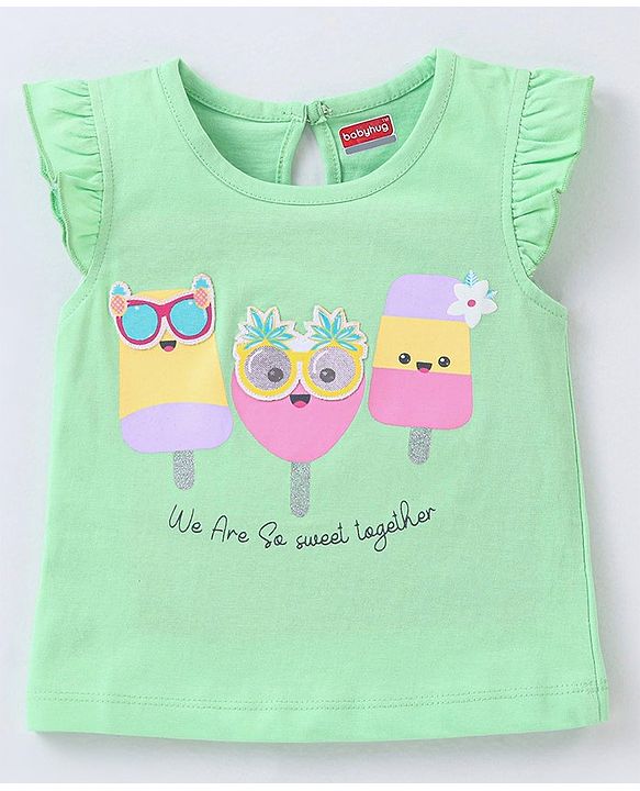 Babyhug 100% Cotton Knit Frill Sleeves Top Ice Lolly Print - Green
