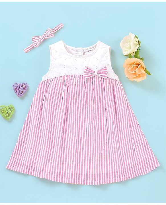 Babyhug Yarndyed  Seer Sucker Woven Sleeveless Frock with Headband Bow Applique - Pink