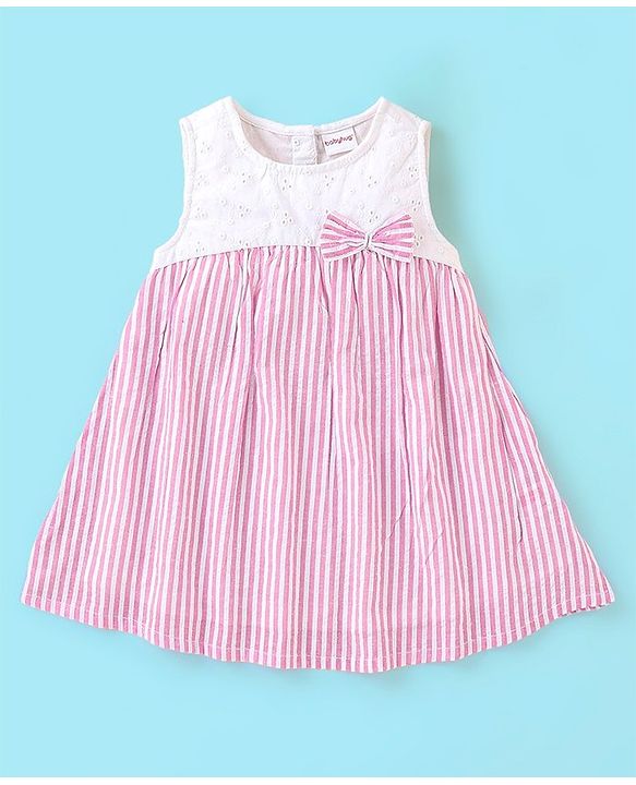 Babyhug Yarndyed  Seer Sucker Woven Sleeveless Frock with Headband Bow Applique - Pink