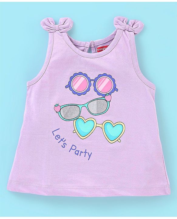 Babyhug 100% Cotton Knit Sleeveless T-Shirt with Bow Appliques Goggles Print - Light Purple