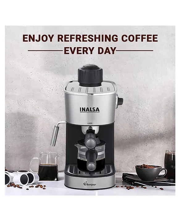 INALSA Espresso Cappuccino 4Cup Coffee Maker 800W Bonjour 3 in 1 Frothing  Function 4 Bar Pressure Multipurpose Control Knob Removable Drip Tray &  Borosilicate Glass Carafe Black & Sliver Online in India